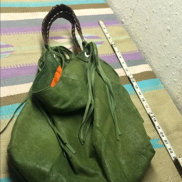 Tano Olive Green Suede Fringe Hobo Bag with Leather Handles 💚🧡 - Picture 6 of 12